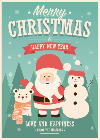 Merry Christmas card with Santa Claus, snowman and reindeer, winter landscape, vector illustration  Illustration