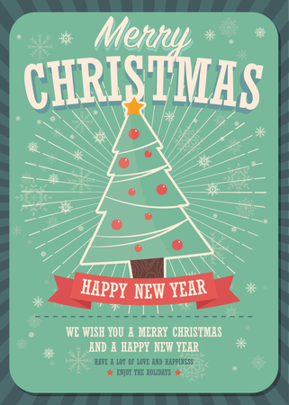 Merry Christmas card with Christmas tree and gift boxes on winter background  Illustration