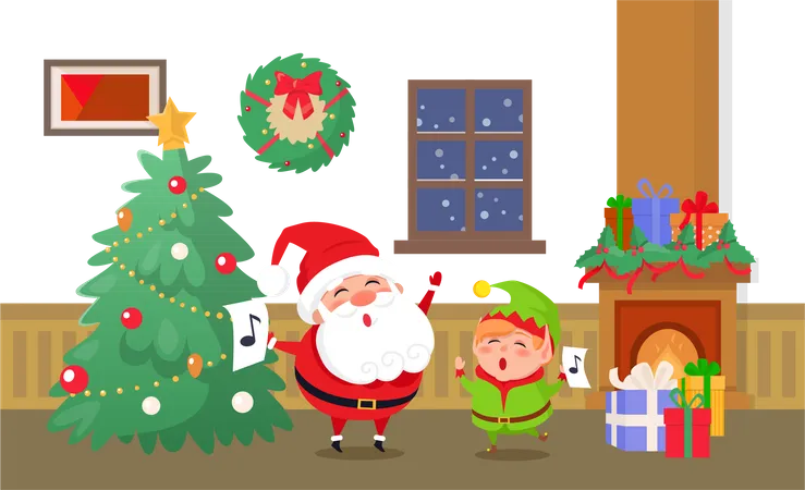 Merry Christmas Celebration of Elf and Santa Claus  イラスト