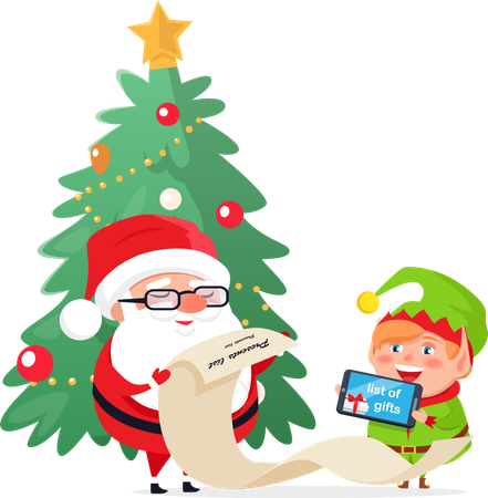 Merry Christmas Elf Helper Santa Claus Checking  イラスト