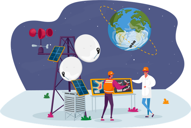 Meteorólogo en la estación Meteo cerca de la torre de transmisión con satélite en órbita terrestre  Ilustración