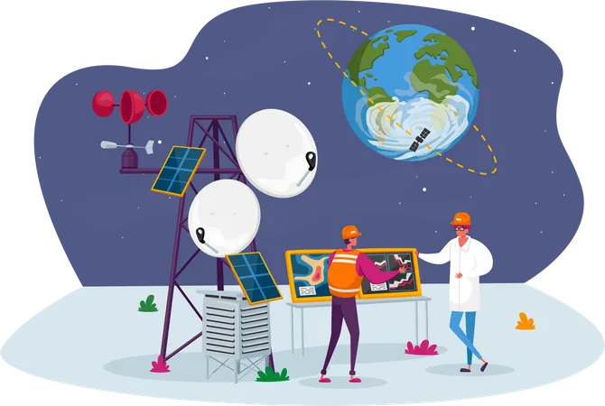 Meteorólogo en la estación Meteo cerca de la torre de transmisión con satélite en órbita terrestre  Ilustración