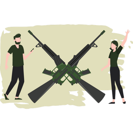 Homme et femme militaires prêts avec des fusils  Illustration