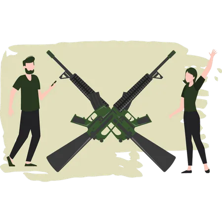 Military Man And Woman Ready With Rifles  Illustration