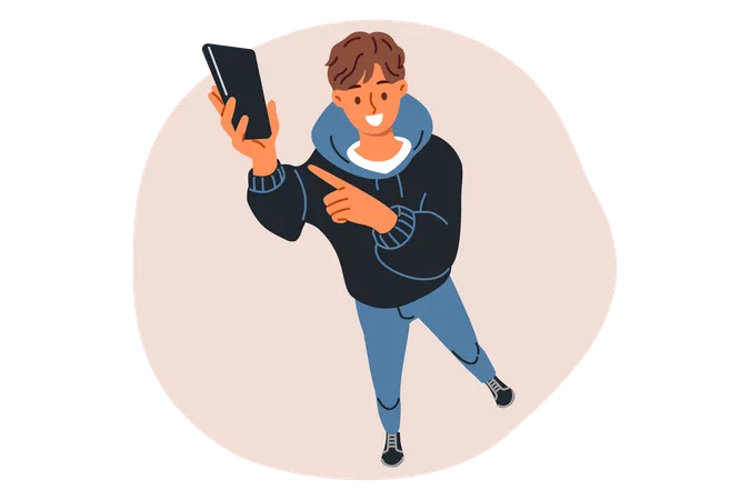 Mobile phone in hands teenage guy holding gadget up and calling him to write SMS  Illustration