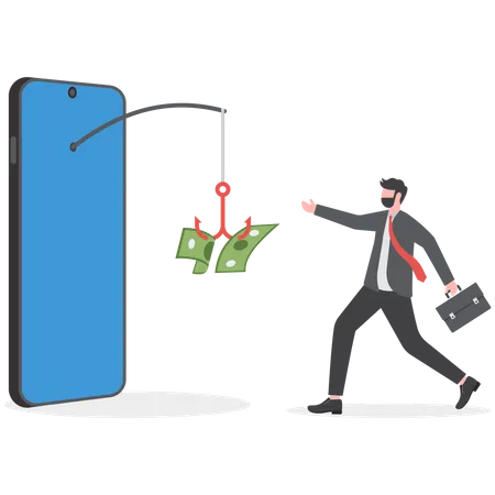 Mobile smartphone with fishing bait scam money threat  Illustration