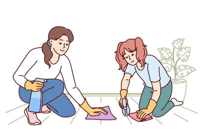 Mom and daughter are cleaning floor together  イラスト