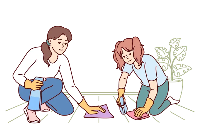 Mom and daughter are cleaning floor together  イラスト