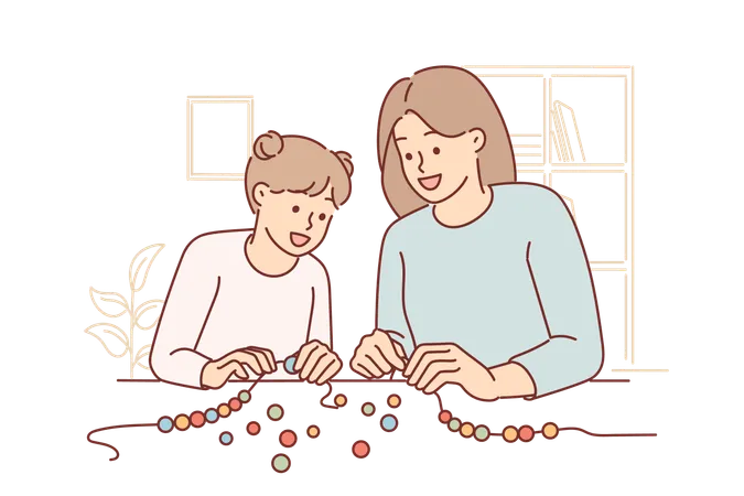 Mom and little daughter together make DIY bead bracelet  Illustration