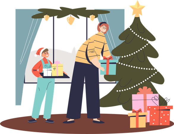 Mom and son putting xmas gift boxes for Christmas  イラスト