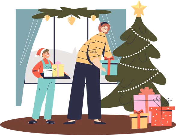 Mom and son putting xmas gift boxes for Christmas  イラスト