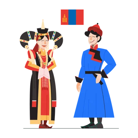 Mongolia citizen in national costume with a flag  イラスト