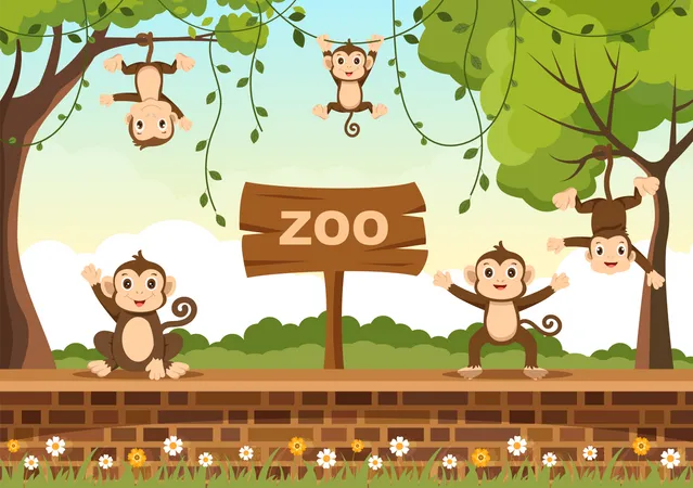 Monkeys in zoo  イラスト