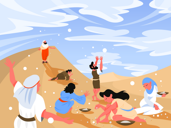 Moses standing among the Israelites in the desert with people gathering the manna from God to feed them  일러스트레이션