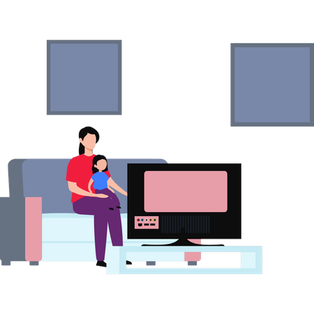 Mother And Kid Watching Tv  Illustration