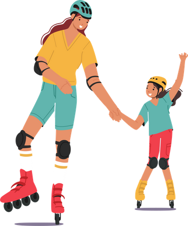 Mother and Little Daughter Rollerblading  Illustration