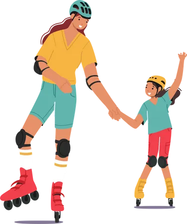 Mother and Little Daughter Rollerblading  Illustration