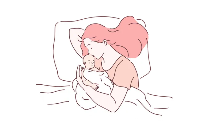 Mother and newborn baby sleeping together  Illustration