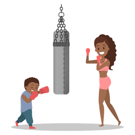 Mother and son dressed in sportswear boxing  Illustration