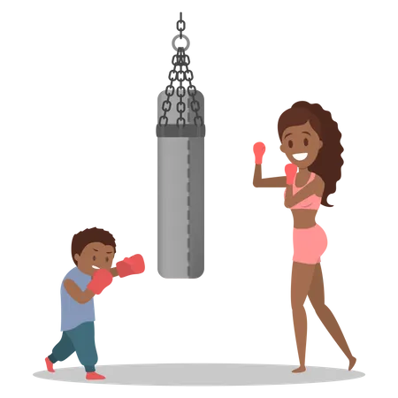 Mother and son dressed in sportswear boxing  Illustration