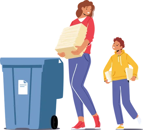 Mother and Son Throw Garbage into Containers  일러스트레이션