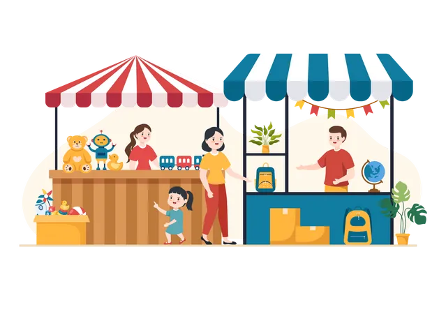 Mother buying toys and educational material at flea market  Illustration