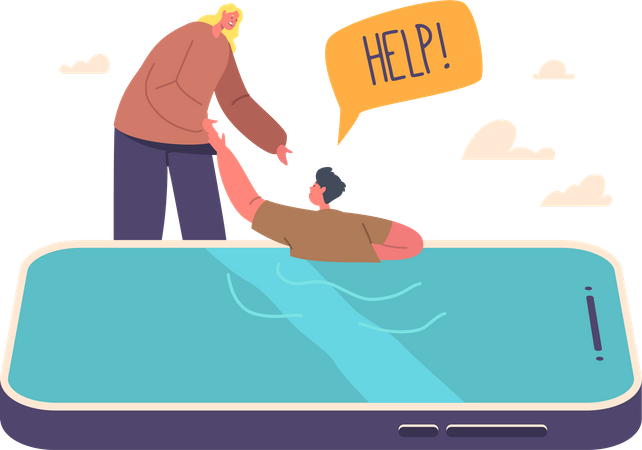 Mother Character Help Child Drowning In Smartphone Screen  イラスト