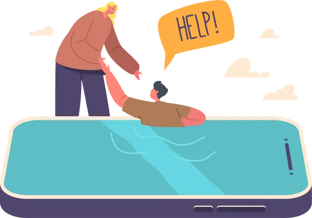 Mother Character Help Child Drowning In Smartphone Screen  イラスト