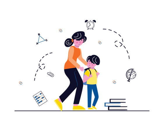 Mother dropping son at school  Illustration