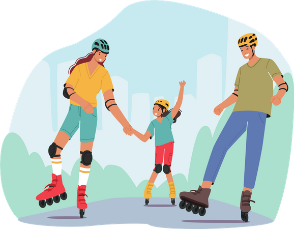 Mother, Father and Little Daughter Skating Rollers  Illustration