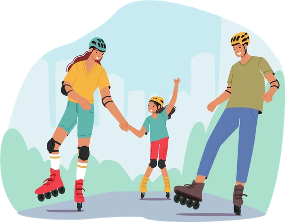 Mother, Father and Little Daughter Skating Rollers  Illustration