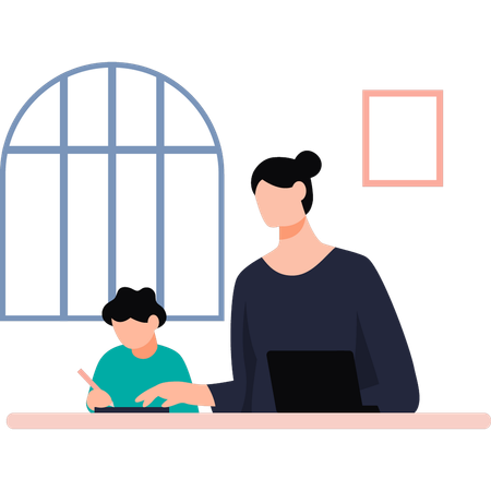 Mother guiding her child in homework  Illustration