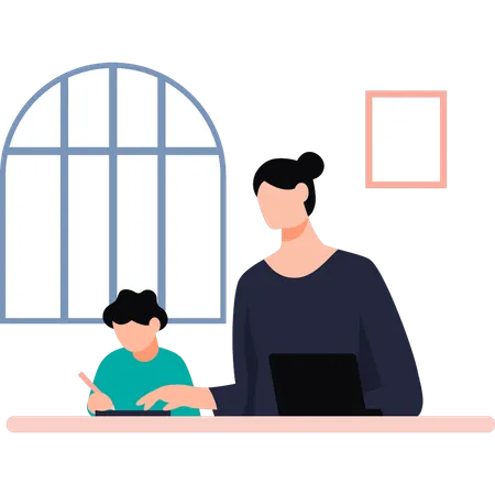 Mother guiding her child in homework  Illustration