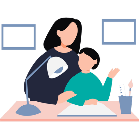 Mother guiding her daughter in homework  Illustration