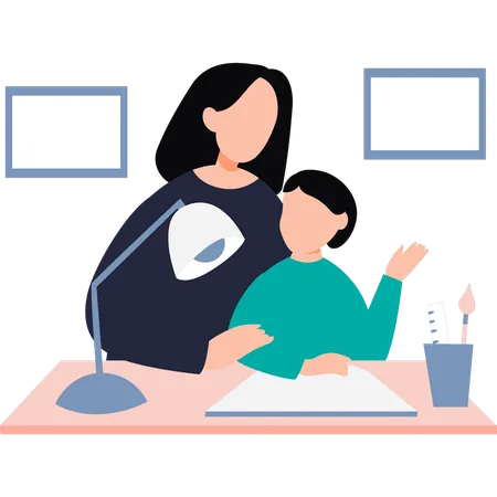 Mother guiding her daughter in homework  Illustration