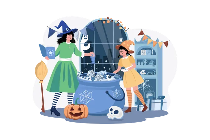 Mother preparing drink for Halloween with daughter  Illustration