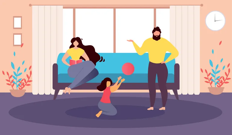 Mother Sits on Couch Reading Book and Father Playing Ball with Daughter  일러스트레이션