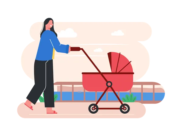 Mother walking with baby walker  Illustration