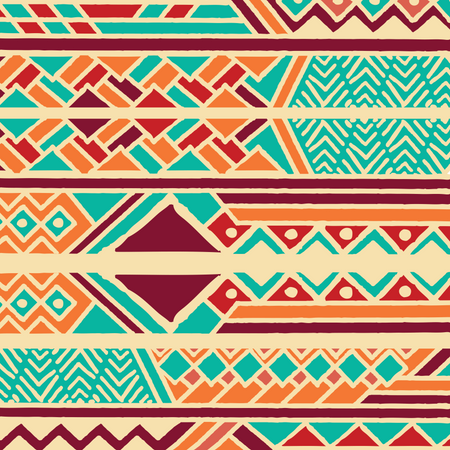 Modèle bohème coloré ethnique tribal avec des éléments géométriques, tissu de boue africain, design tribal  Illustration