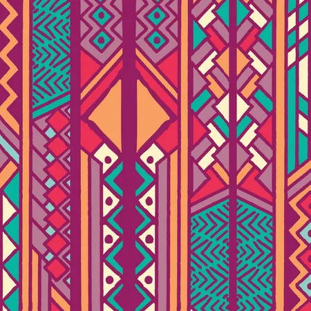 Modèle bohème coloré ethnique tribal avec des éléments géométriques, tissu de boue africain, design tribal  Illustration