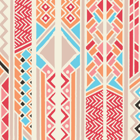 Modèle bohème coloré ethnique tribal avec des éléments géométriques, tissu de boue africain, design tribal  Illustration