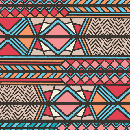 Modèle bohème coloré ethnique tribal avec des éléments géométriques, tissu de boue africain, design tribal  Illustration