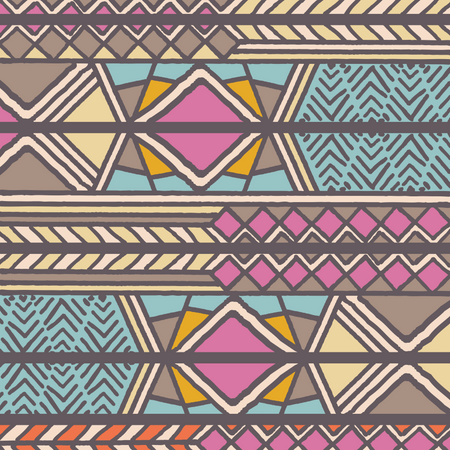 Modèle bohème coloré ethnique tribal avec des éléments géométriques, tissu de boue africain, design tribal  Illustration