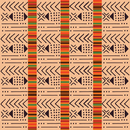 Modèle bohème coloré ethnique tribal avec des éléments géométriques, tissu de boue africain, design tribal  Illustration