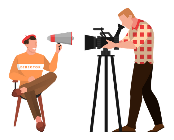 Movie director sitting on chair and speaking through the megaphone in cinema studio and cameraman  Illustration