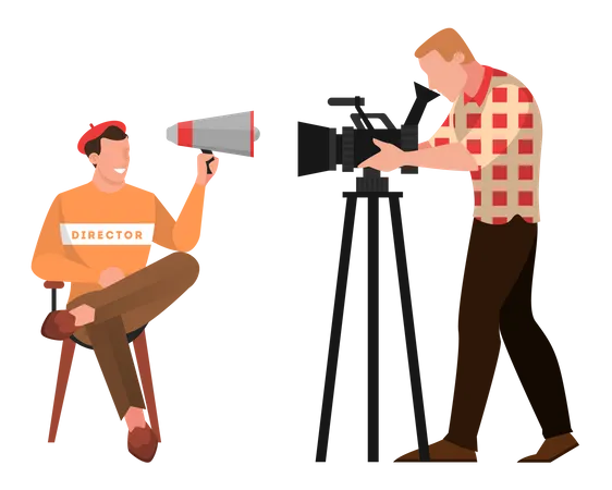 Movie director sitting on chair and speaking through the megaphone in cinema studio and cameraman  Illustration