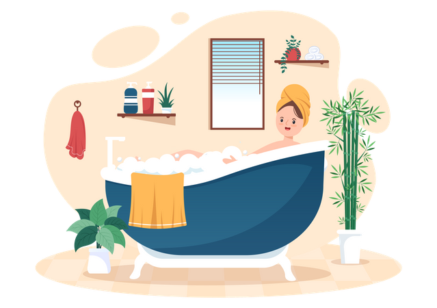 Mujer bañándose en la bañera  Ilustración