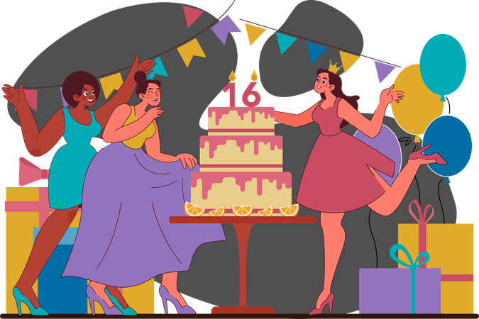 Mujer celebra fiesta de cumpleaños  Ilustración