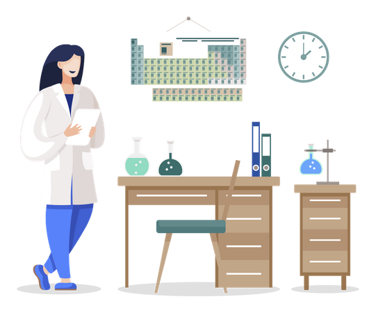 Mujer científica en laboratorio, química en laboratorio  Ilustración