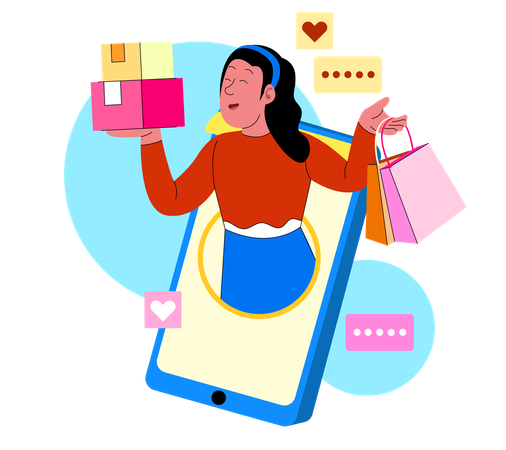 Mujer comprando online con cajas y bolsas  Ilustración